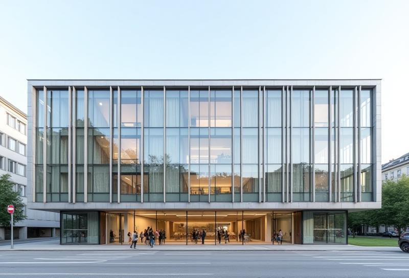 Exterior view of the modern Zurich Journalism Institute building in a city setting